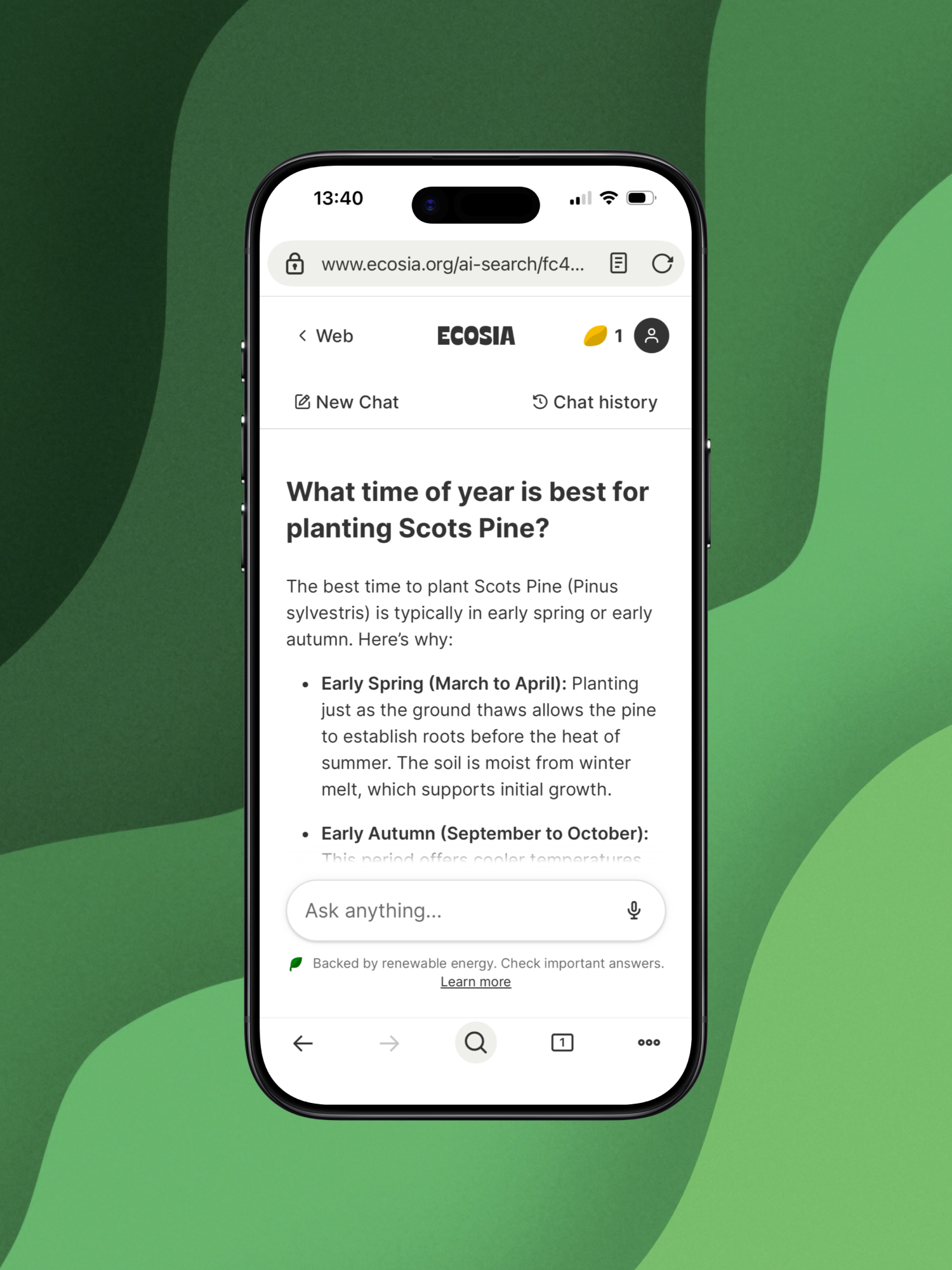 Mobile screenshot of an Ecosia AI Search result showing instant answers and source citations