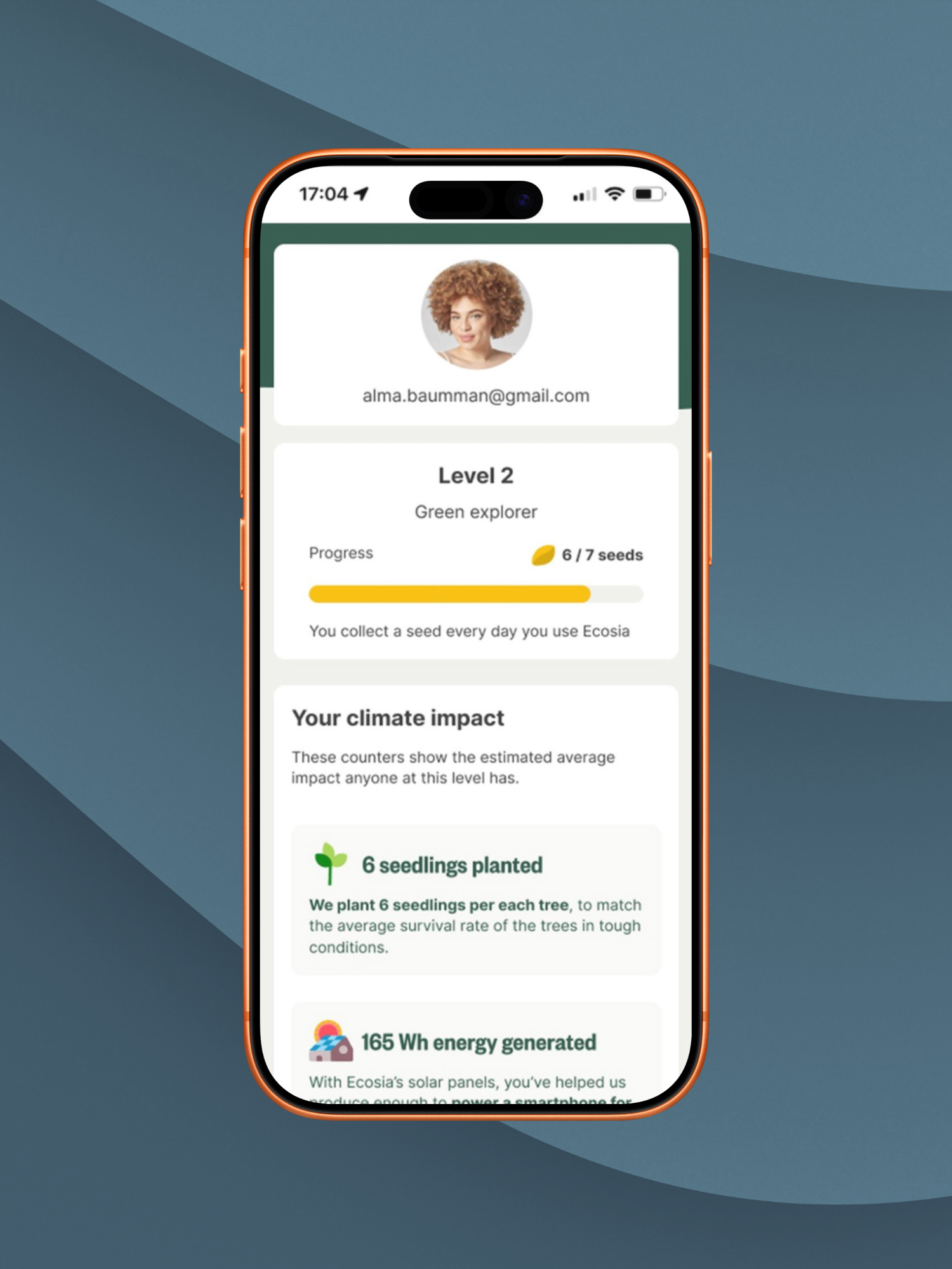 Mobile screenshot of an Ecosia user profile showing level and climate impact